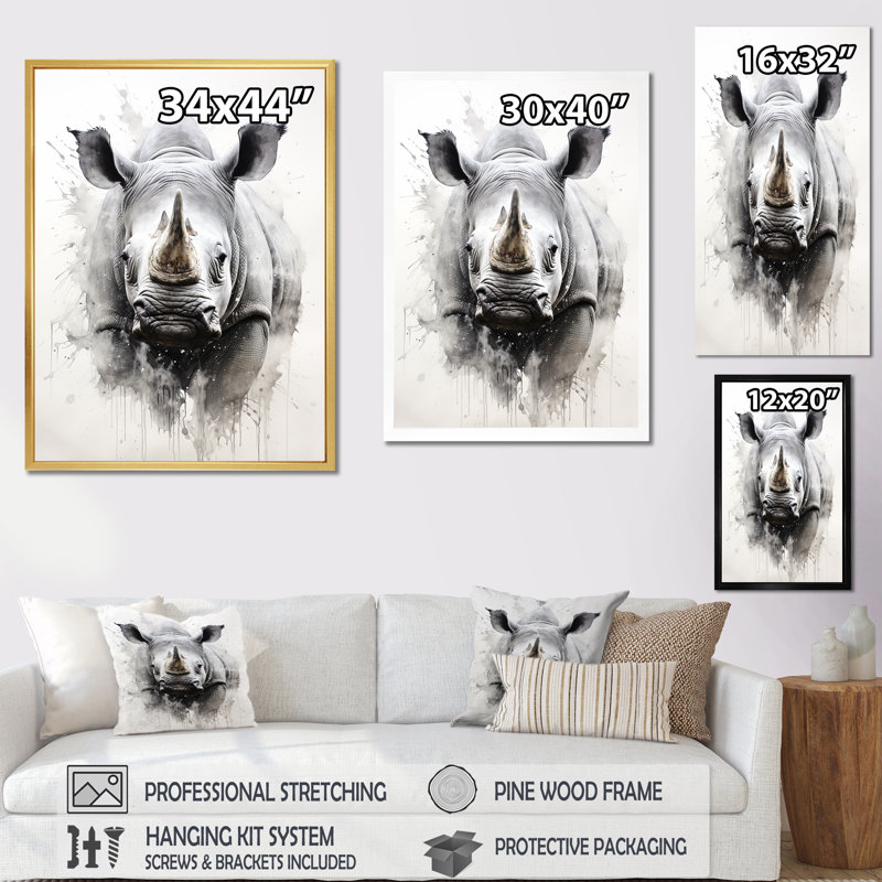 Mighty Stampede Rhinoceros sur impression sur toile, H 32 po x l 16 po x P 1 po, Cadre simple blanc