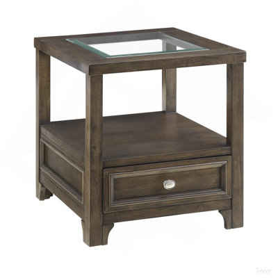 Modern Brown Finish End Table With Drawer Shelf Wooden Living Room Furniture 1Pc Side Table Glass Inset Top