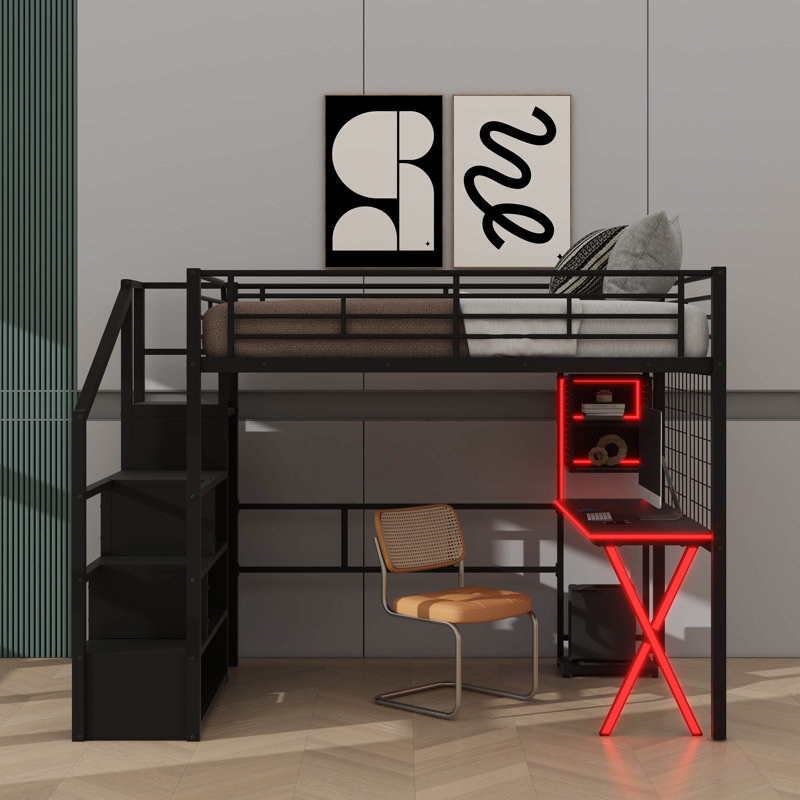 Lit mezzanine double en métal avec espace de travail, garde-robe, escalier de rangement et éclairage intégré