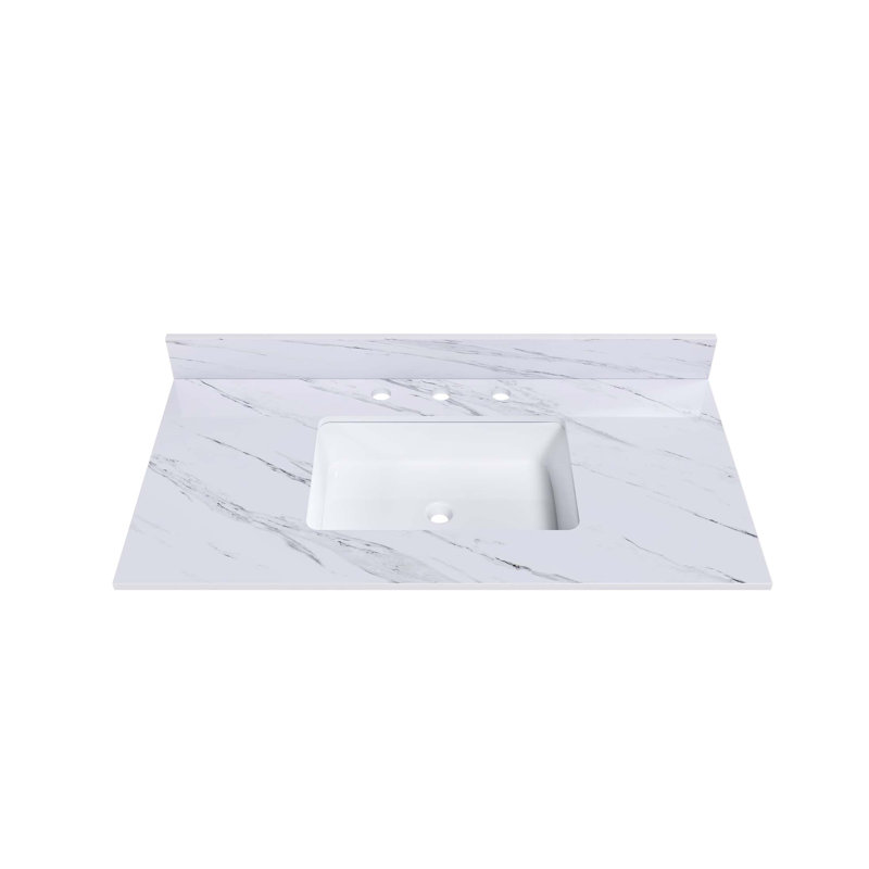 Comptoir de meuble-lavabo 43 po, comptoir blanc avec 3 trous de robinet pré-percés, comptoir de salle de bain avec lavabo central rectangulaire encastré et dosseret de 4 po de hauteur, Bianco Carrara Venato