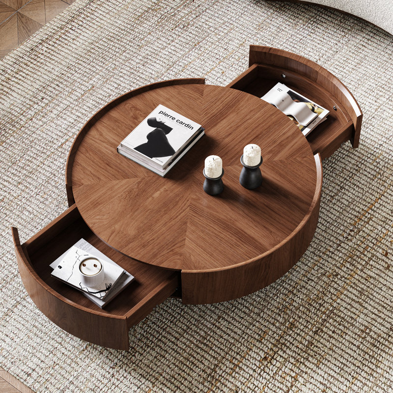 Shanea Industrial Walnut Round Coffee Table with Storage Drawers for Living Room and Home Office