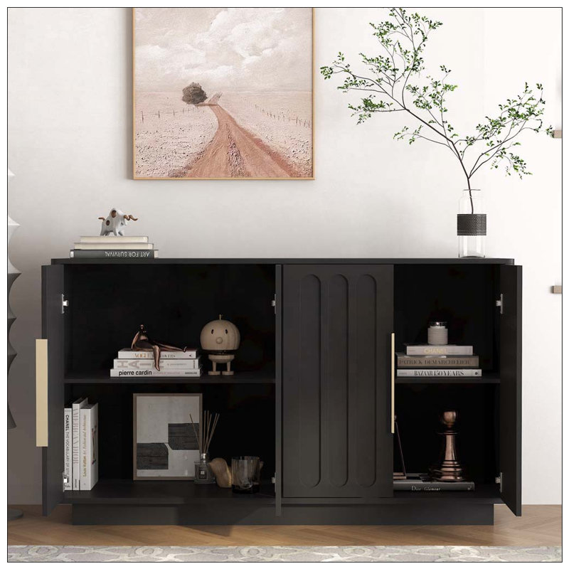 Buffet moderne avec rangement, grand buffet cannelé avec tablettes réglables Modern, Black