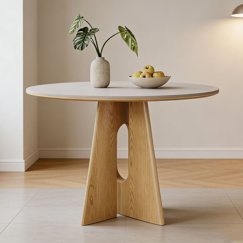 Table ronde ronde en fritté blanc et bois de frêne, H 29,5 po x L 47,2 po x l 47,2 po