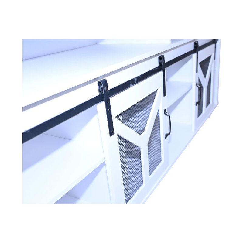 Meuble télé 65,93 po avec lumières à DEL, porte de grange coulissante en grillage et ornement en Y, aspect noyer blanc, idéal pour les téléviseurs de 65 pouces, créant un éclairage 65,93 en métal pour regarder les films