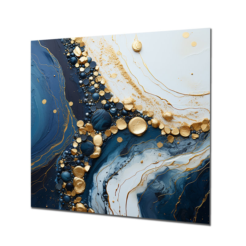 Or doré et bleu, art à l'encre II - encre liquide, art mural abstrait en métal, H 36 po x l 36 po
