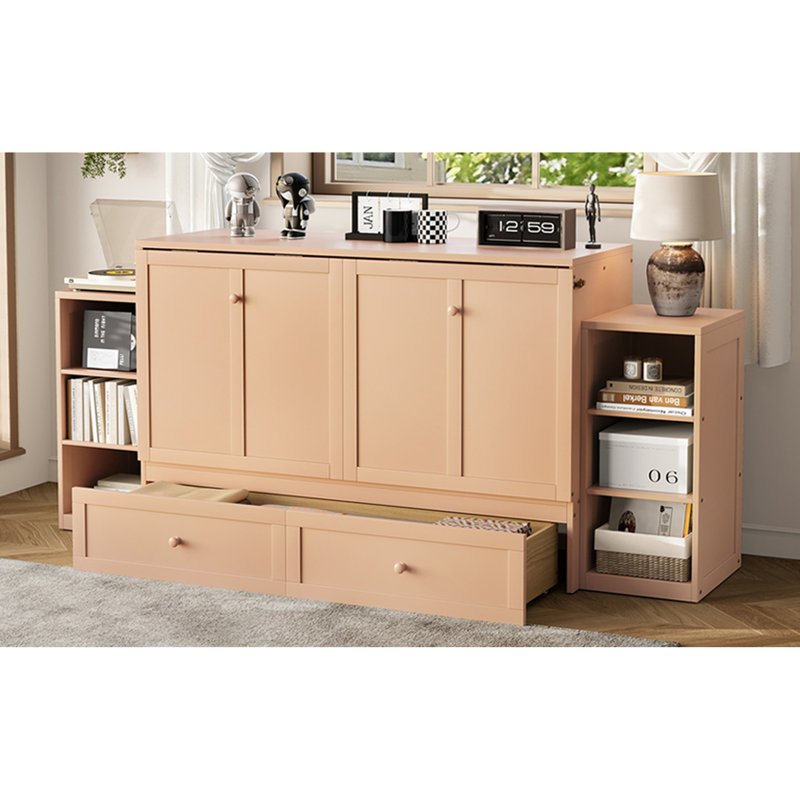 Grand lit escamotable avec tiroirs et tablettes de rangement spacieux, idéal pour les chambres d'amis ou les chambres compactes