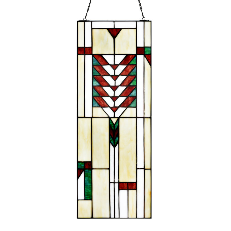23.37"H Southwest Prairie Ivory, Green and Burgundy Stained Glass Panel