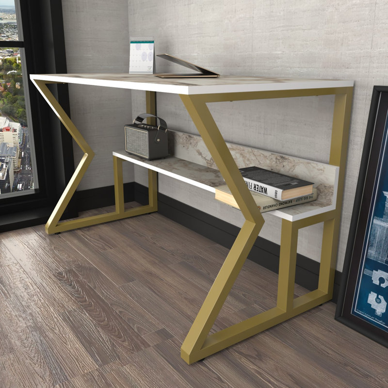 Bureau d'étude moderne avec finition en marbre, blanc et or, 47,2 po x 28,7 po x 23,6 po | 100% panneau de particules enduit de mélamine, épaisseur: 0,7 pouce | Conception élégante et fonctionnelle pour les bureaux à domicile et les espaces d'étude