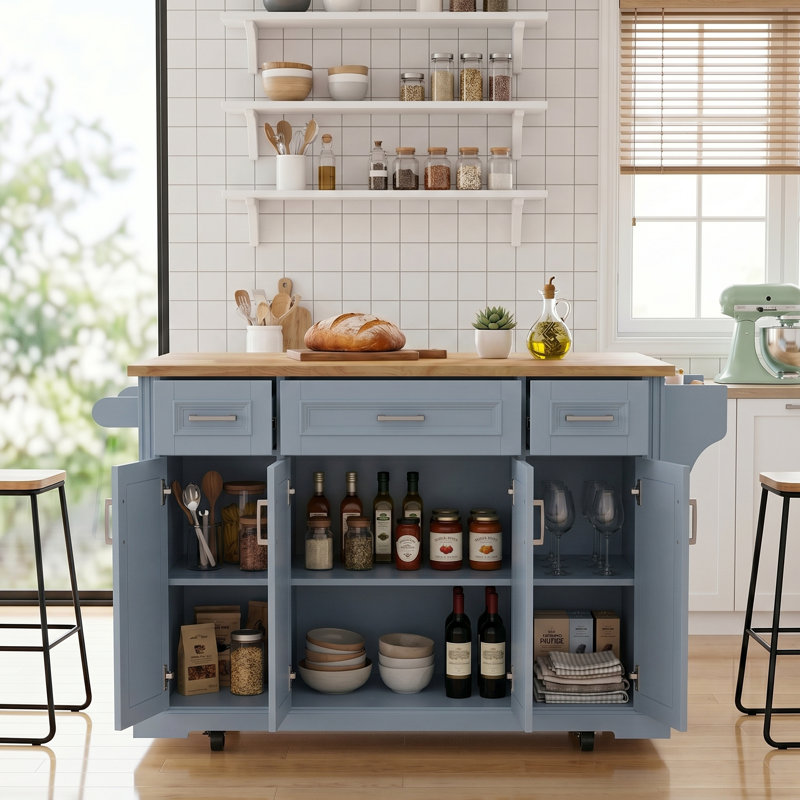 54 Inch Rubber Wood Kitchen Island with Drop Leaf, Embossed Texture Rolling Cart, 4 Wheels, 4 Doors & 3 Drawers Storage Cabinet for Kitchen Dining Room