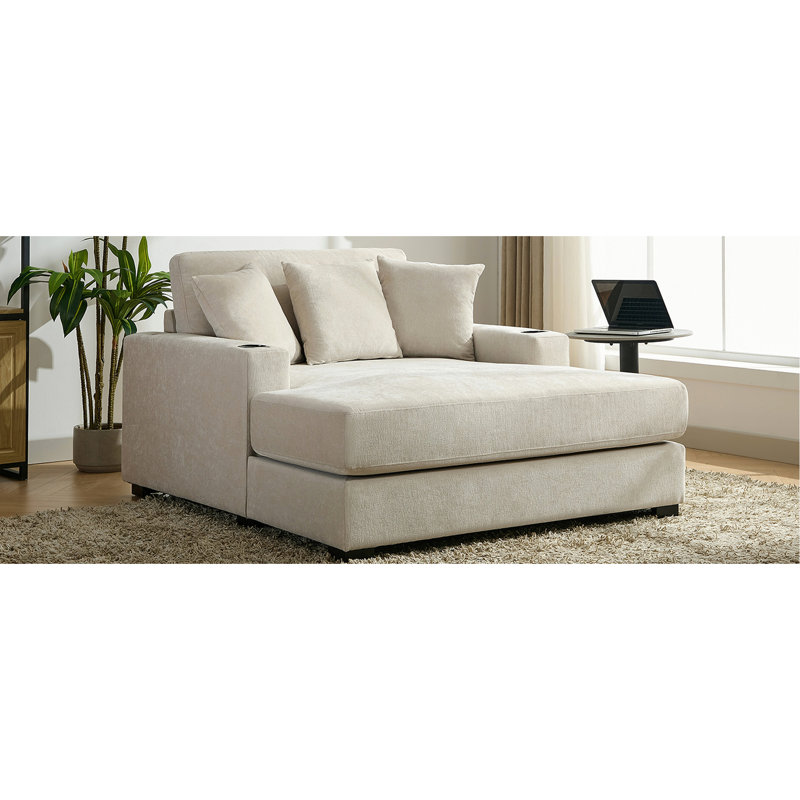 Chaise longue de 140 cm avec station de charge, porte-gobelets et housses amovibles et lavables, en chenille crème, grande capacité intégrée