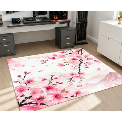 Tapis artistique aquarelle à motifs floraux roses et fleurs de cerisier, lavable à la machine et antidérapant, idéal pour décorer votre intérieur : salon, chambre, appartement, entrée, cuisine ou balcon.