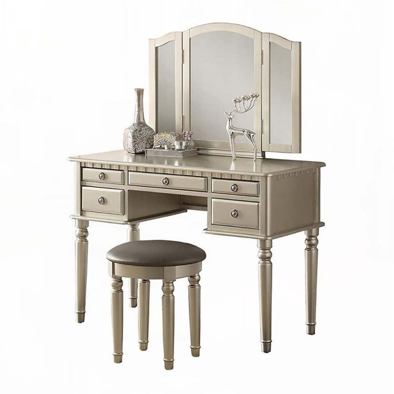 Bedroom Contemporary Vanity Set w Foldable Mirror Stool Drawers Silver Color