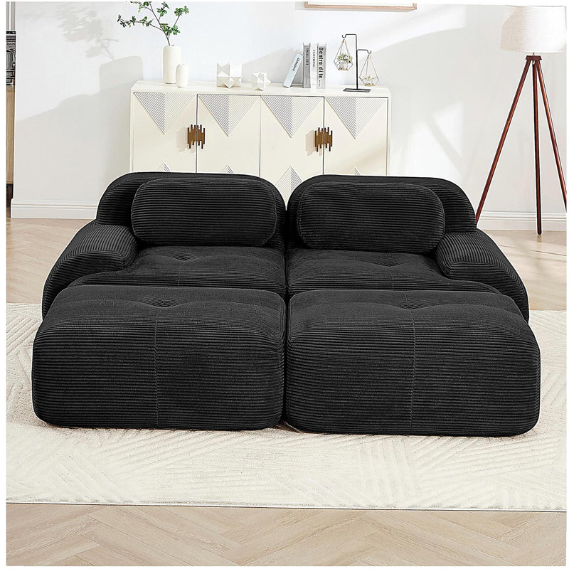 Canapé 2 places en tissu velours côtelé de luxe modulaire multi-combinaison de conception anti-dérapante chaise longue accoudoirs courbés soutien ergonomique éponge à haute résilience pour les chambres à coucher, noir
