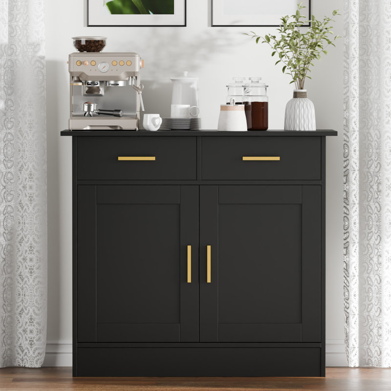 35" H Accent Cabinet,Coffee Bar Cabinet with 2 Drawers and Adjustable Shelf, Black