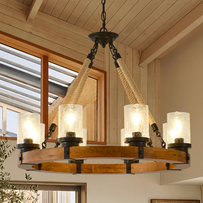 8-Light Farmhouse Wood Chandelier, 31“ Farmhouse Wagon Wheel Chandelier With Seeded Glass Shade, Round Rustic Wood  Pendant Light For Dining Room Living Room Kitchen Entryway