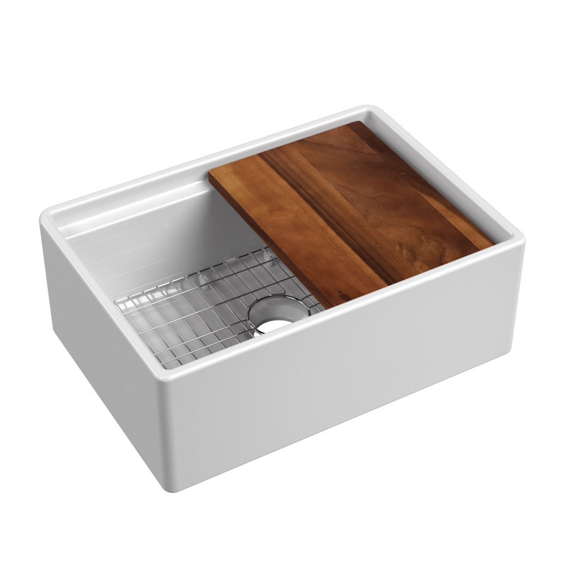 Whitehaus Collection Front Apron Single Bowl Fireclay Kitchen Sinks with Cutting Board and Grid, 27", White