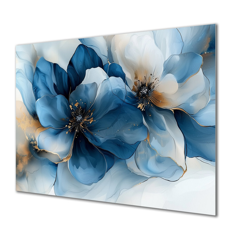 «White Velvet Blue Chrysanthemums Ink River I», art mural fleur de pommier en métal, H 12 po x l 20 po