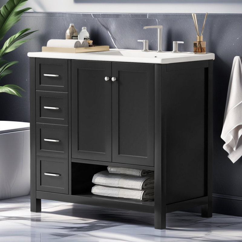 Meuble-lavabo 36 po avec comptoir d'évier, meuble-lavabo avec deux portes et deux tiroirs, bois massif, tablette ouverte, panneaux de fibres à densité moyenne, un paquet