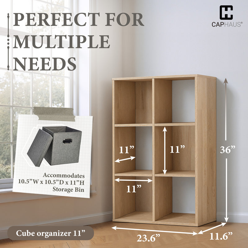 6-Cube Storage Organizer Shelf, Home Storage Shelf Divider w/ Back, 11-Inch Storage Bookcase, Natural Oak , Natural Oak