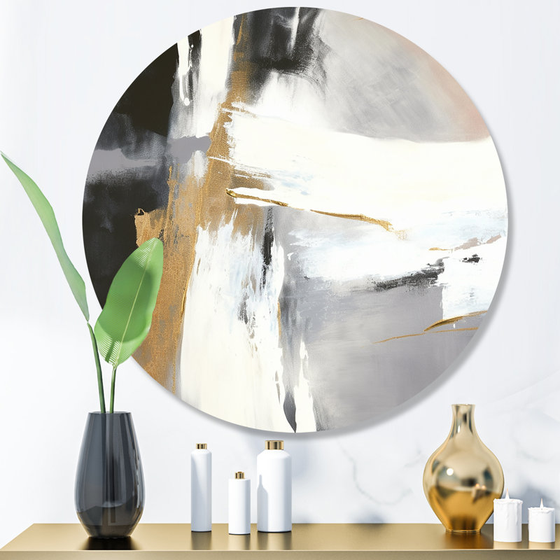 Harmonie noire et dorée noire sur marbre VI - art abstrait rond en marbre sur métal, H 23 po x l 23 po x P 1 po