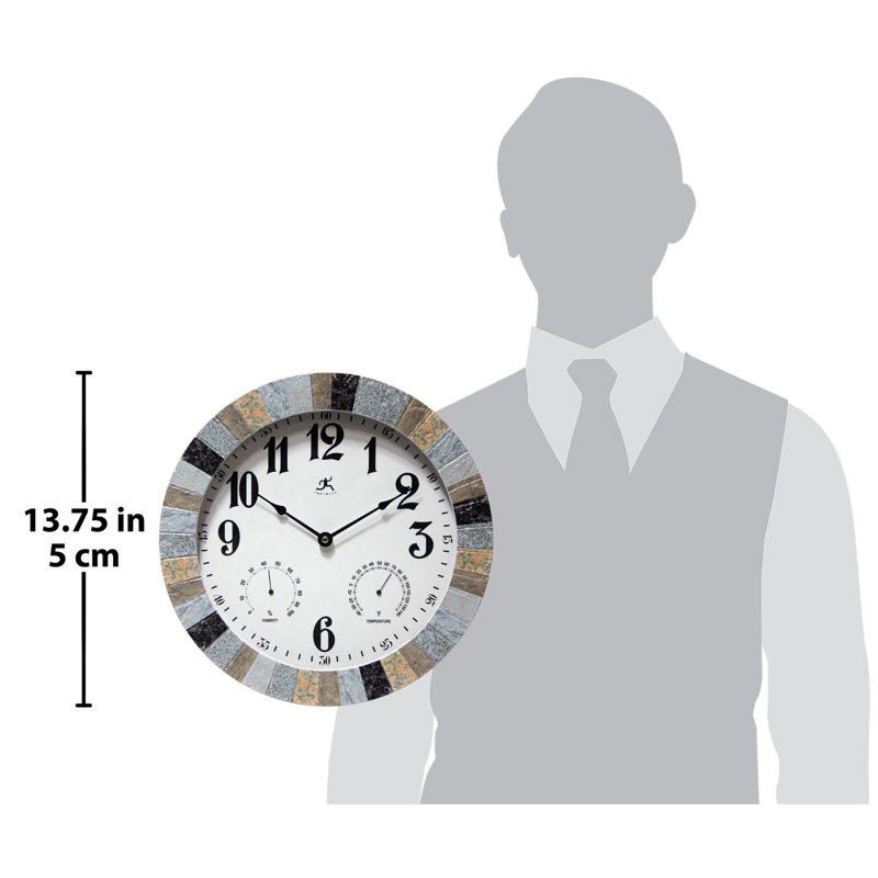 13" Faux Slate Frame Indoor/Outdoor Wall Clock with Thermometer