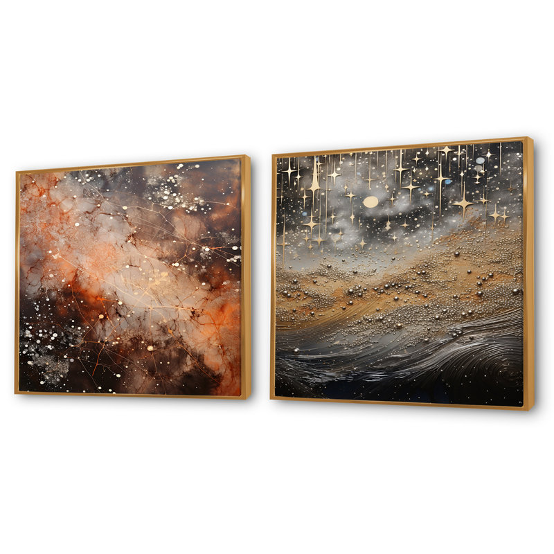 Constellation Starry - Ensemble de 2 collages abstraits carrés, Cadre flottant doré, H 16 po x l 33 po