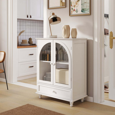 Farmhouse Arched Glass Door Sideboard with Tiered Top and Storage