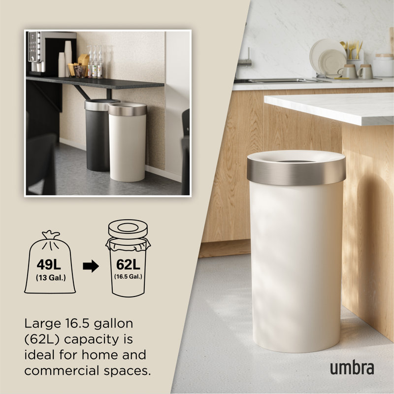 Sand Beige Polypropylene Indoor Trash Can with Brushed Metal Accents