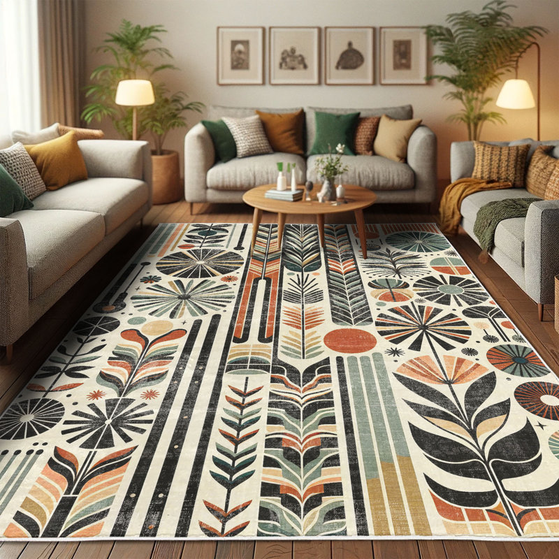 Retro Mid Century Abstract Pattern Blue and Orange Rug, 2' 5" x 5'