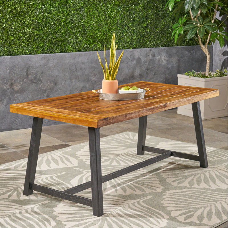Table de salle à manger d'extérieur en bois d'acacia, finition teck sablé et noir