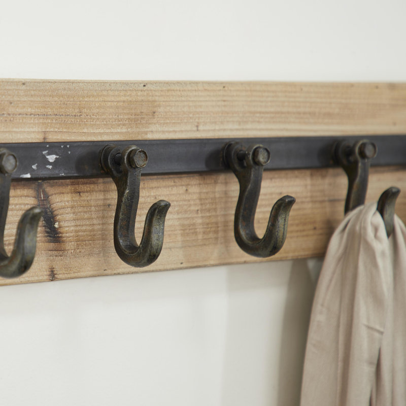 Brown Wood 5 Hanger Home Wall Hook with Black Metal Hardware