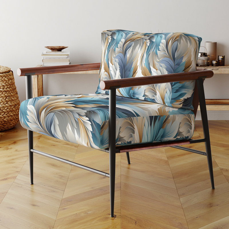 Fauteuil d'appoint rembourré bohème et éclectique blanc et bleu sarcelle Marble Flowers Serenity I