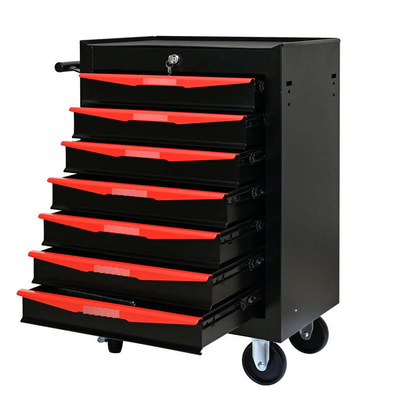 7 boîtes à outils - glissières à roulement, noir et rouge, armoire à outils robuste à 7 tiroirs