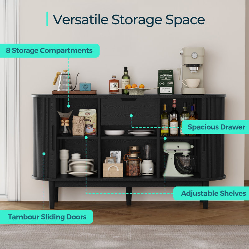 Leathia Sideboard Storage with Solid Wood Leg, Kitchen Cabinets With Sliding Tambour Door, Black