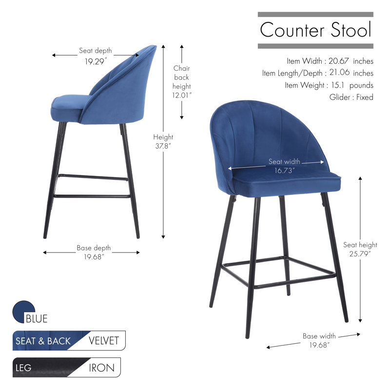 Upholstered Counter Stool with Metal Frame, Blue