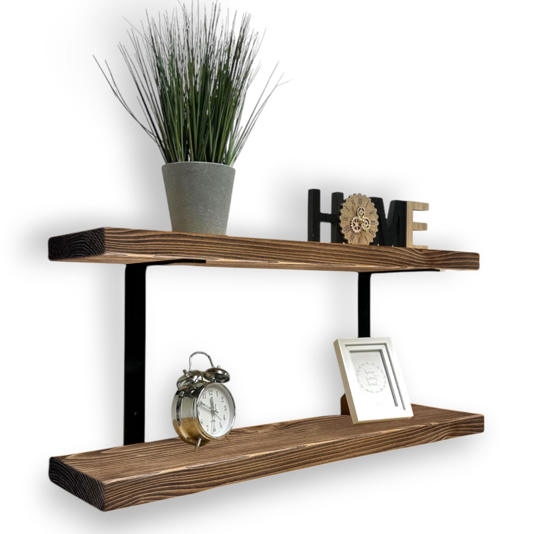 Double Rustic Wooden Shelves Wall-Mounted Shelf With Seated Double Black L Brackets (Rustic Pine)