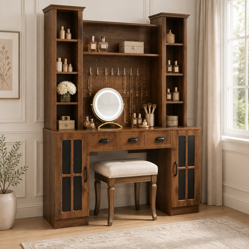 Coiffeuse avec miroir rond à DEL, poste de recharge et organisateur de bijoux, Noyer