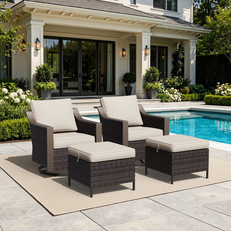 Ensemble de patio extérieur 4 pièces avec 2 chaises pivotantes, 2 repose-pieds et coussins beiges, Beige