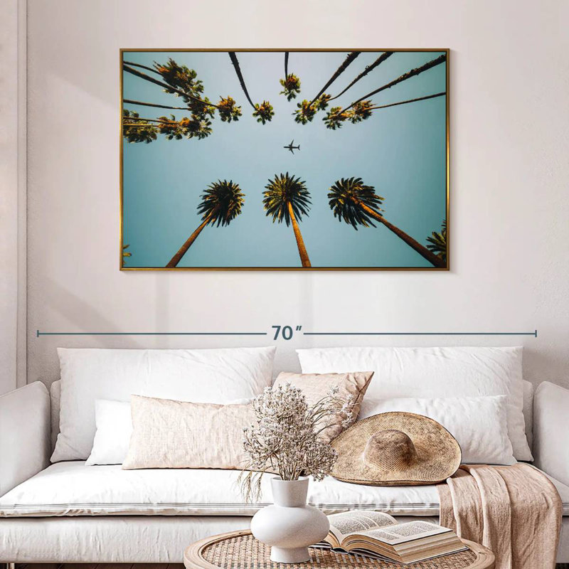 Avion sous les palmiers, 46 po x 31 po, Cadre flottant doré