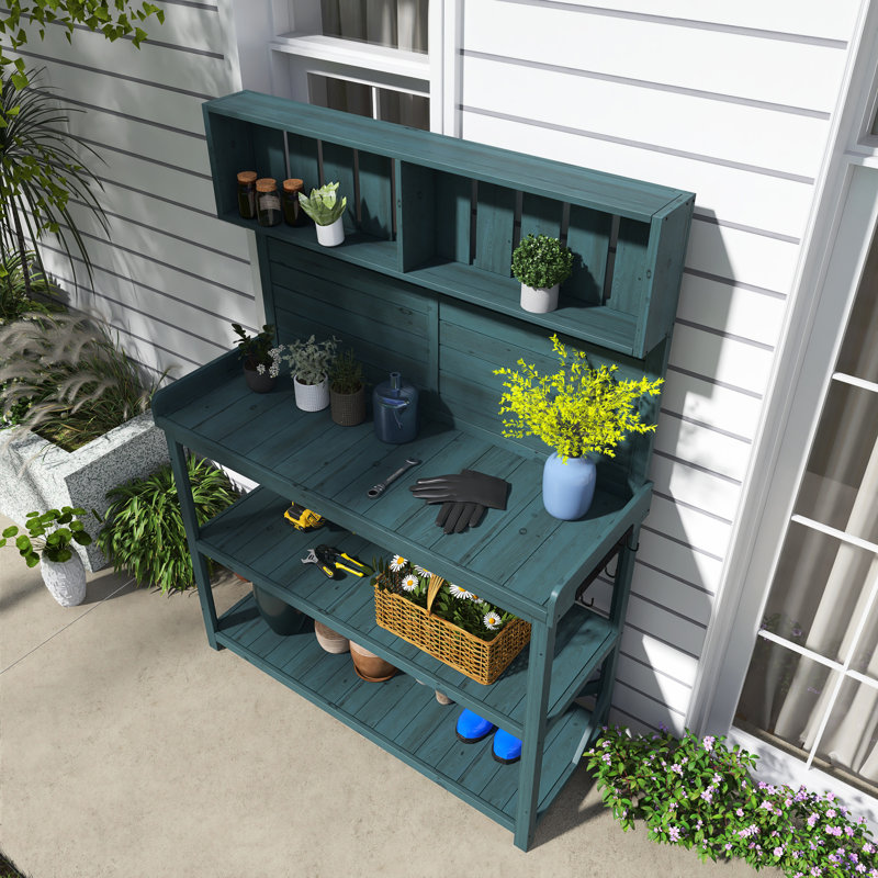 Table de rempotage en bois de sapin 65 "avec tablettes, Vert forêt