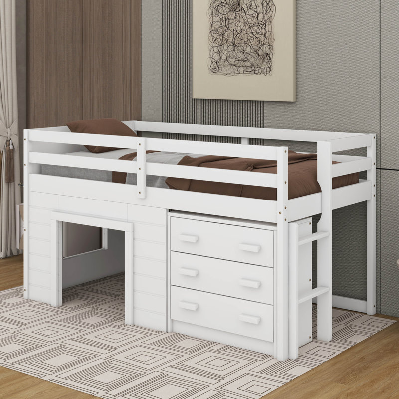 Lit mezzanine simple avec armoire et tablette, White