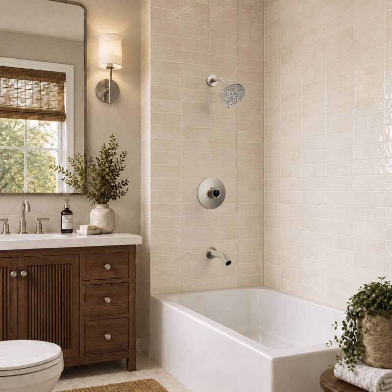 5-Spray Tub and Shower Faucet Set with Pressure-Balanced Valve and Tub Spout, Complete Shower System, Brushed Nickel