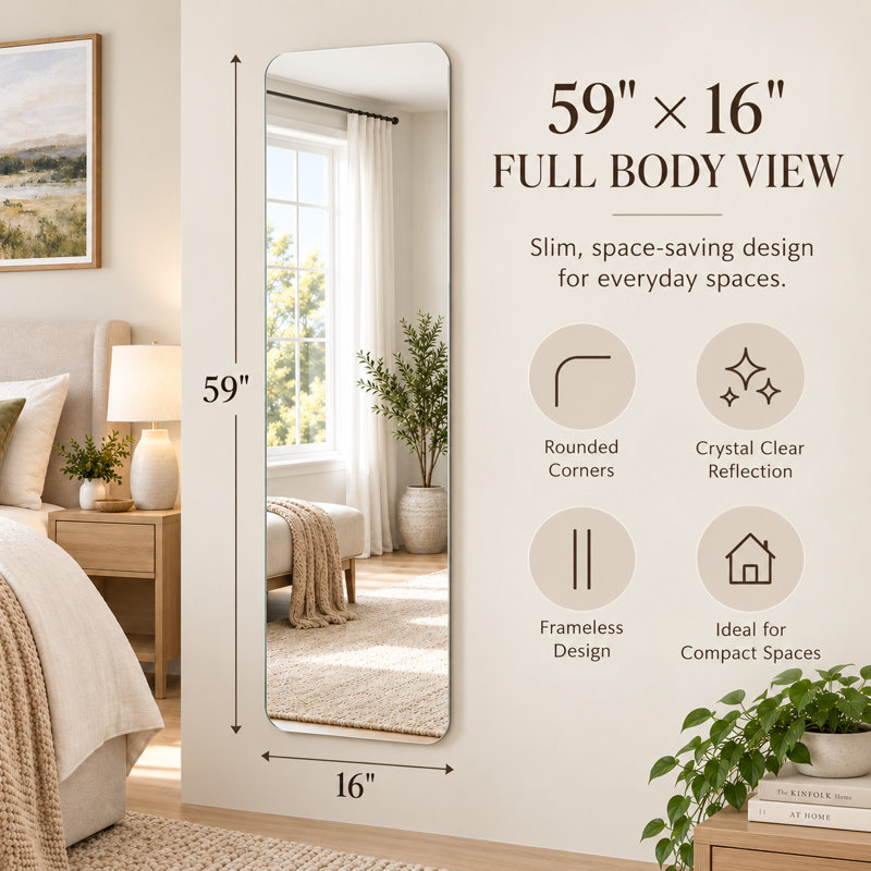 59" x 16" Slim Frameless Full Length Mirror with 5mm HD Silver Glass, Shatter-Resistant Safety Backing and Rounded Corners