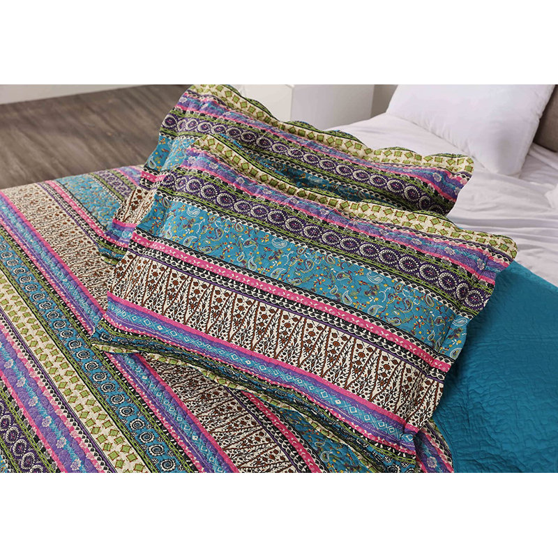 Boho Chic Blue Cotton Queen Reversible Quilt Set