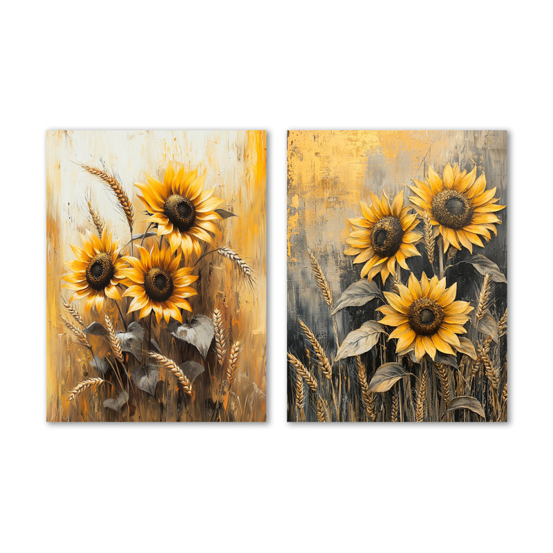 Tournesols dans un pré de blé I - ensemble de 2 impressions murales florales en métal, 32" H x 48" W