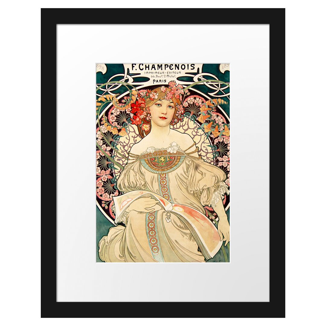 Gerahmter Fotodruck Frau inmitten von Blumen von Alphonse Mucha