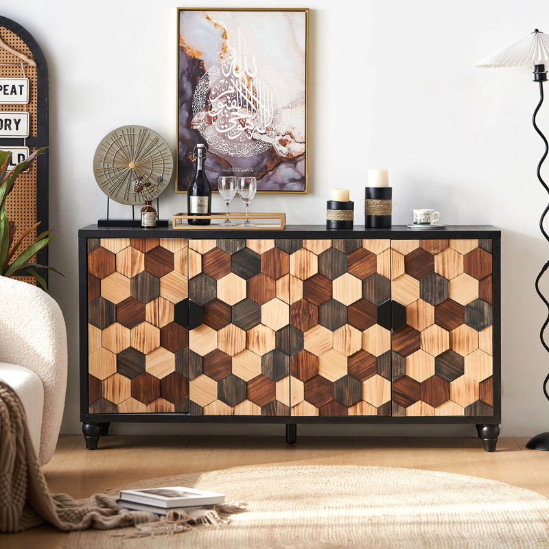 Armoire de rangement avec motif nid d'abeille, armoire d'appoint avec portes