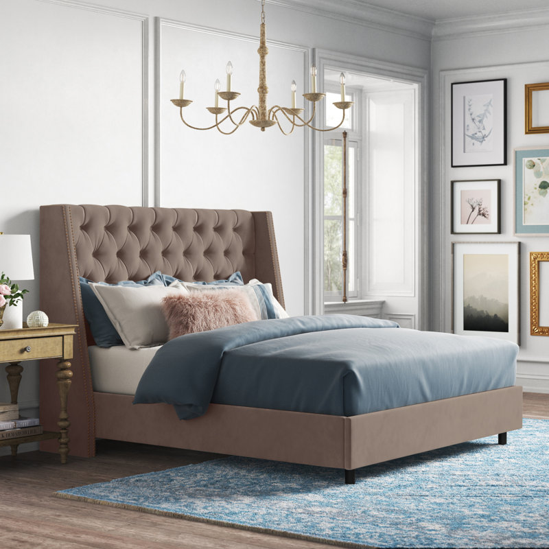 Avala Upholstered Wingback Bed, King, Classic Blush Performance Velvet