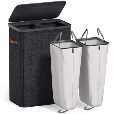  Fabric Laundry Hamper - Collapsible 2-Compartment Laundry Basket with Removable Laundry Bag - Black