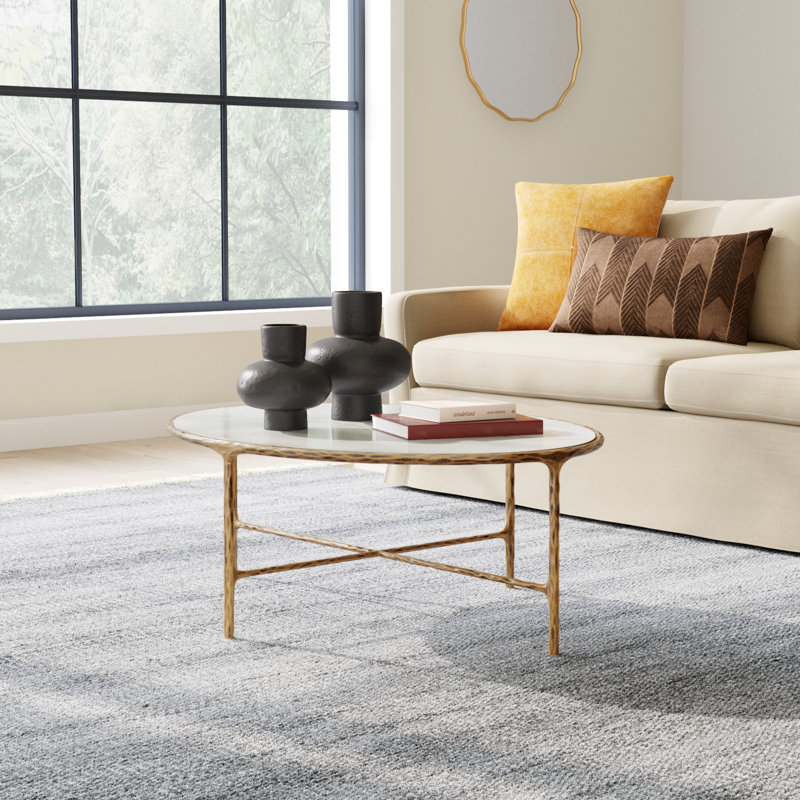 Evelynn Glass Top Coffee Table, Brass, White Marble